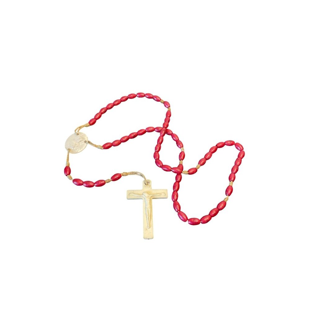 Vintage Red Bead Rosary With White Crucifix